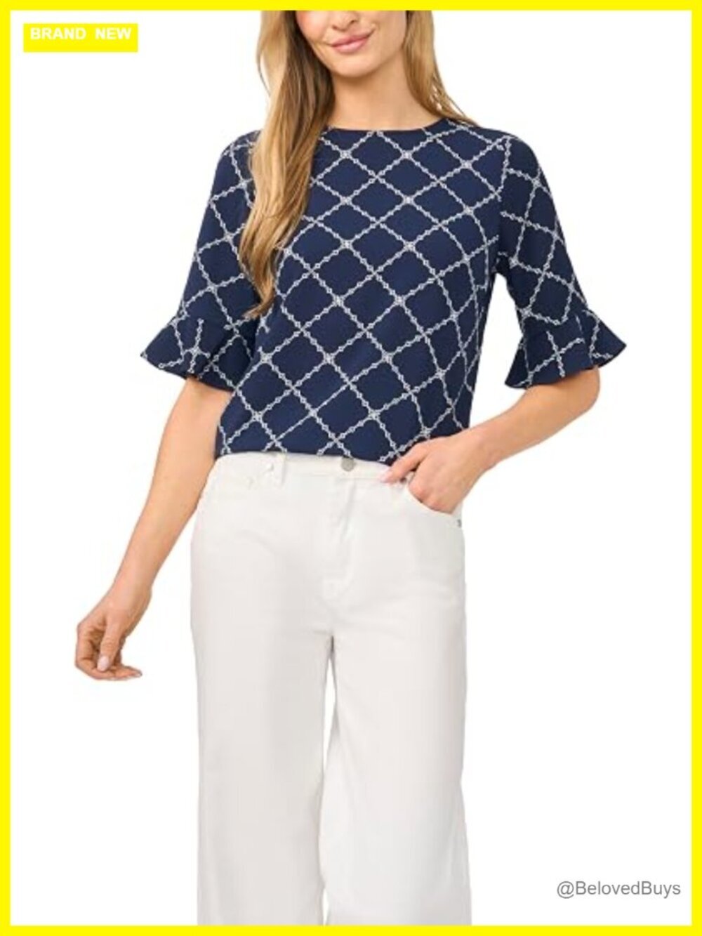 Crew Neck Top with Elbow Ruffle Cuffs